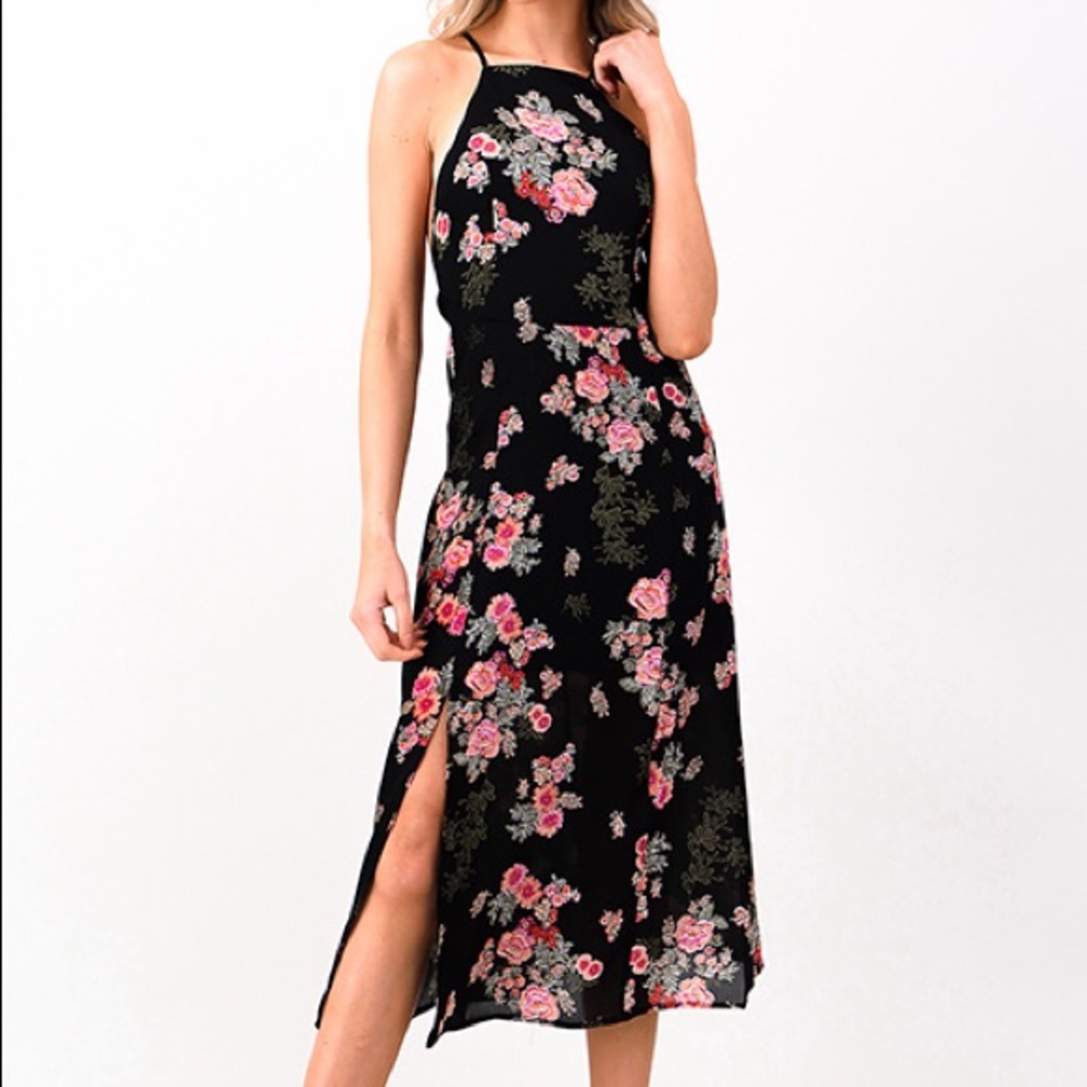 Black Floral Boho Midi Dress